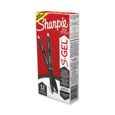 Sharpie S-GEL RETRACTABLE GEL PEN, EXTRA-FINE 0.38 MM, BLACK INK, BLACK BARREL, DOZEN 2140521